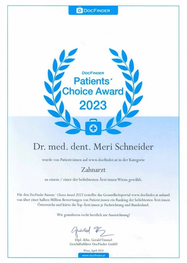 Docfinder Patients Choice Award 2023 – Dr. med. dent. Meri Schneider